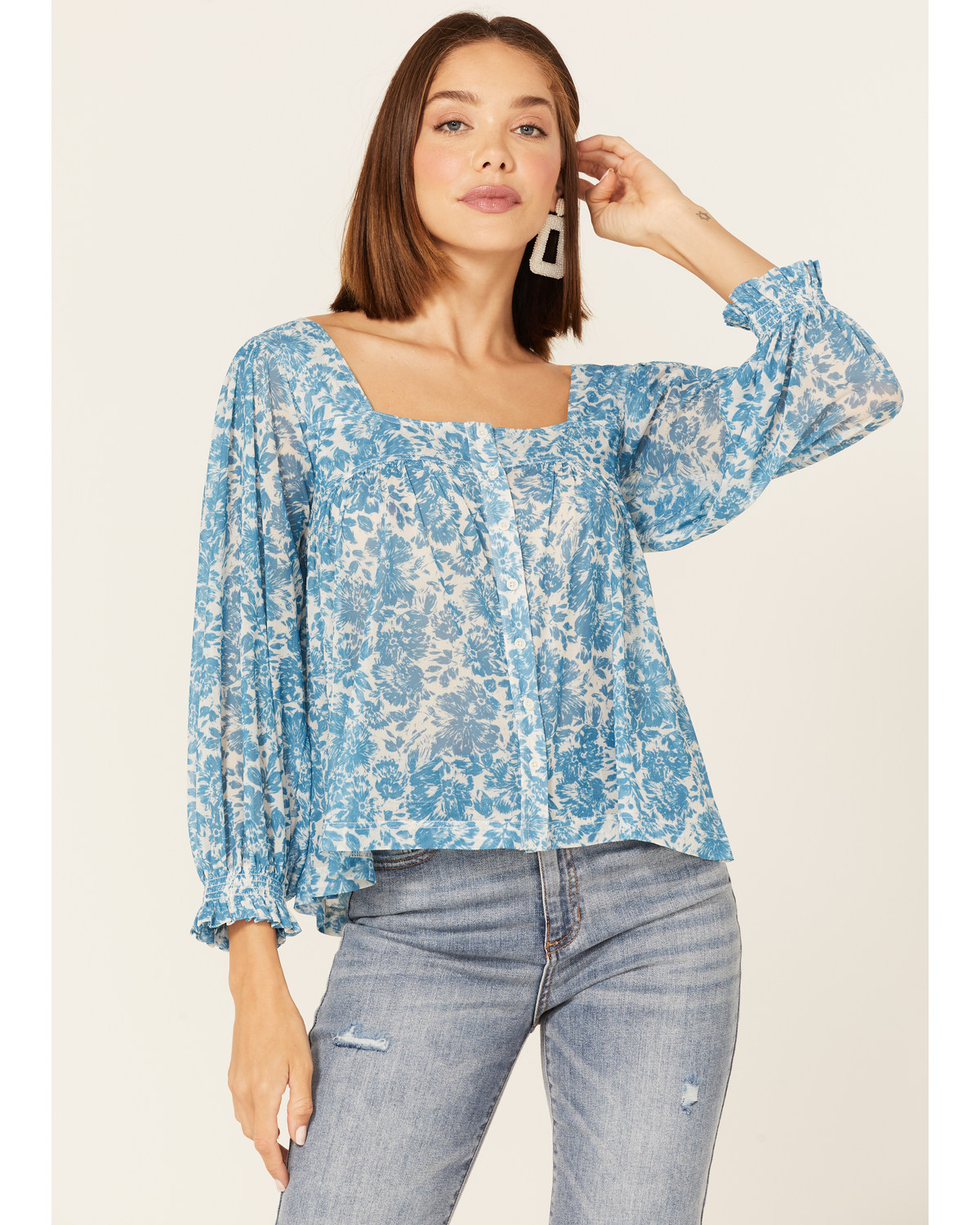 Beyond The Radar Women's Floral Print Long Sleeve Mesh Top