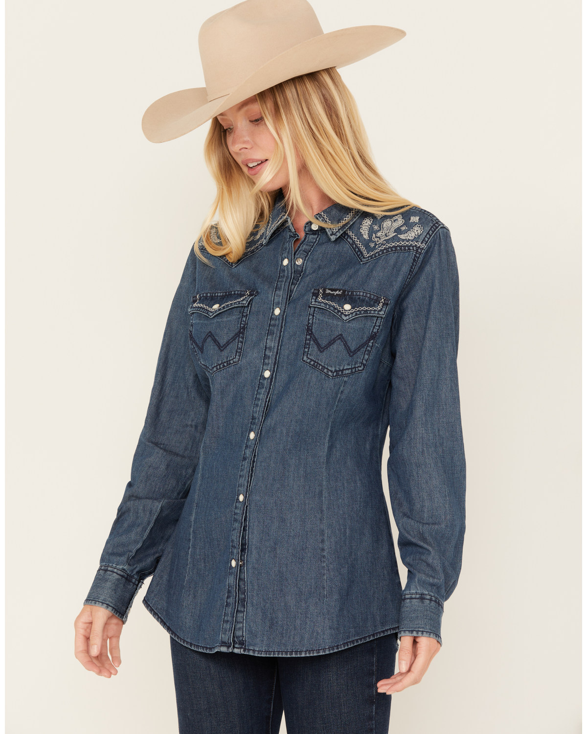 Wrangler Retro Women's Dark Wash Denim Embroidered Long Sleeve Western Shirt