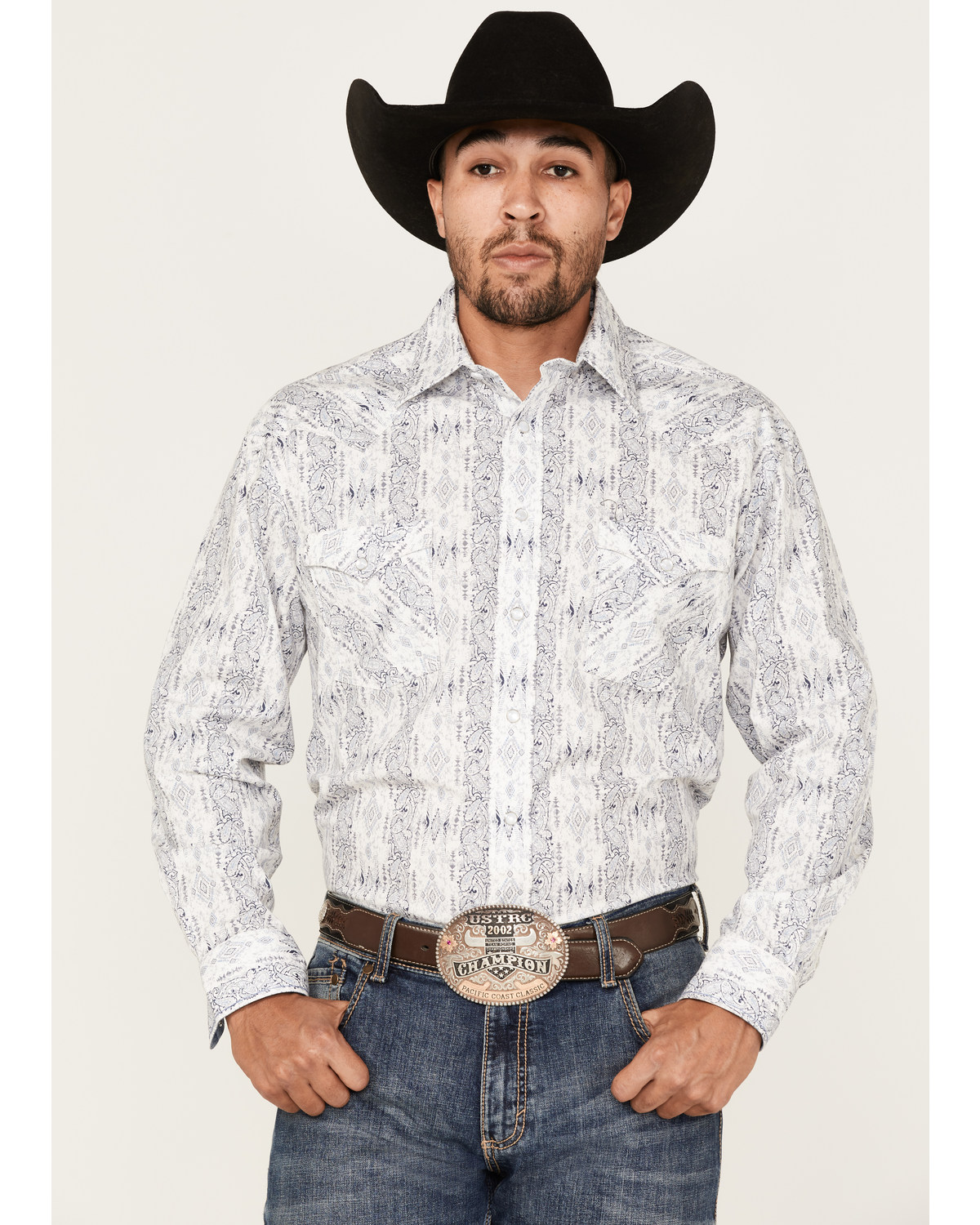 Rough Stock By Panhandle Men's Stretch Vertical Paisley Print Long Sleeve Pearl Snap Western Shirt