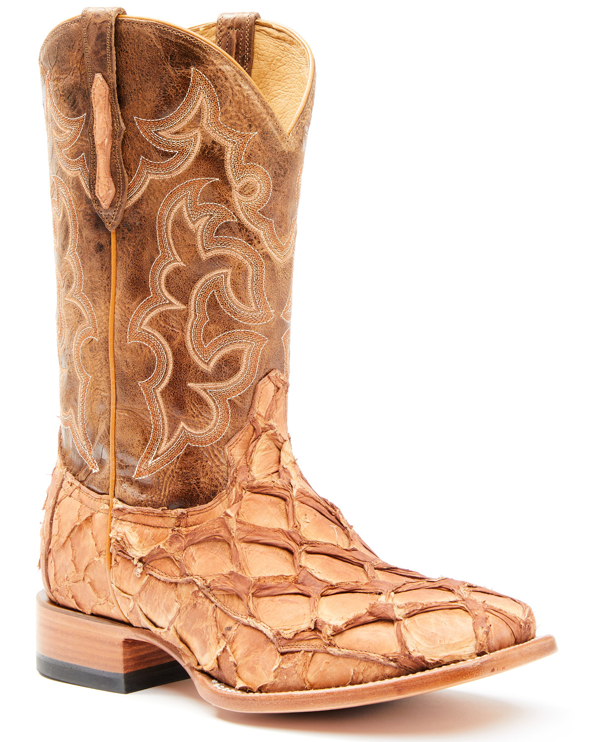 Cody James Men's Caramel Matte Pirarucu Exotic Western Boots - Broad Square Toe