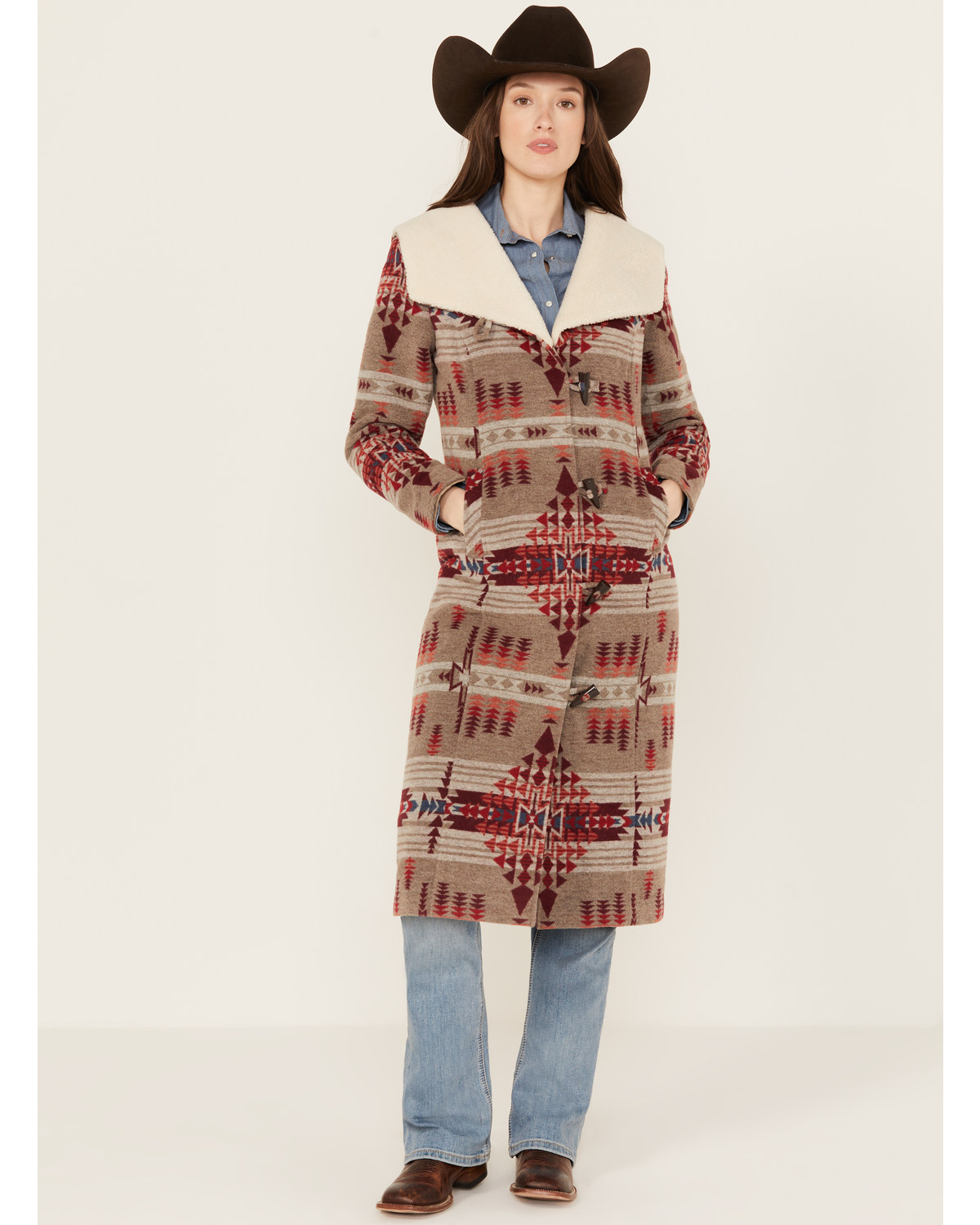 Powder River Outfitters Women's Southwestern Print Long Jacquard Wool Coat