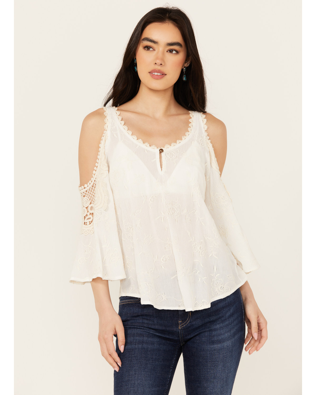 Wild Moss Women's Embroidered Cold Shoulder Top