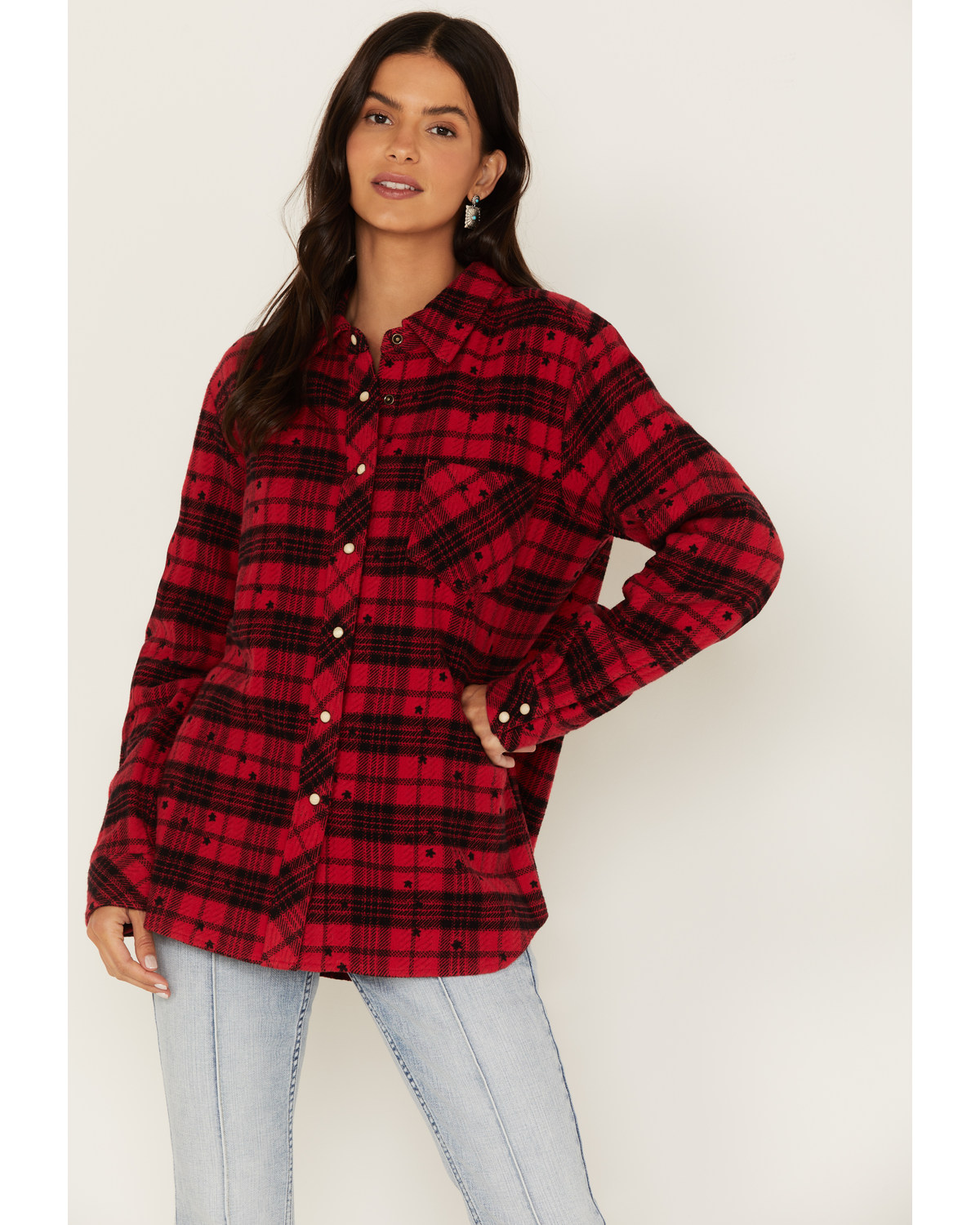 Idyllwind Women's Tira Plaid Star Print Flannel Pearl Snap Shacket