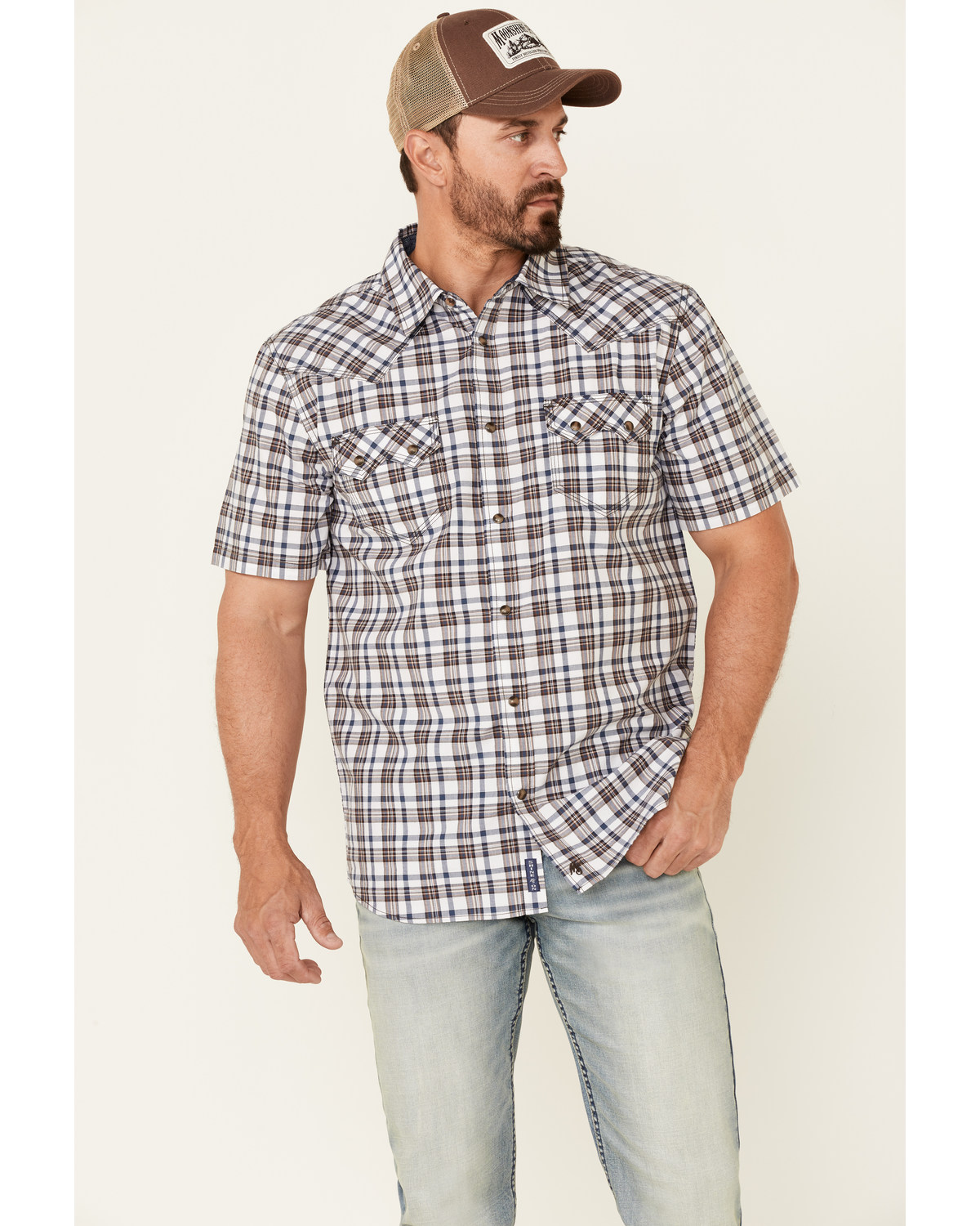 Moonshine Spirit Men's Fence Post Plaid Short Sleeve Snap Western Shirt