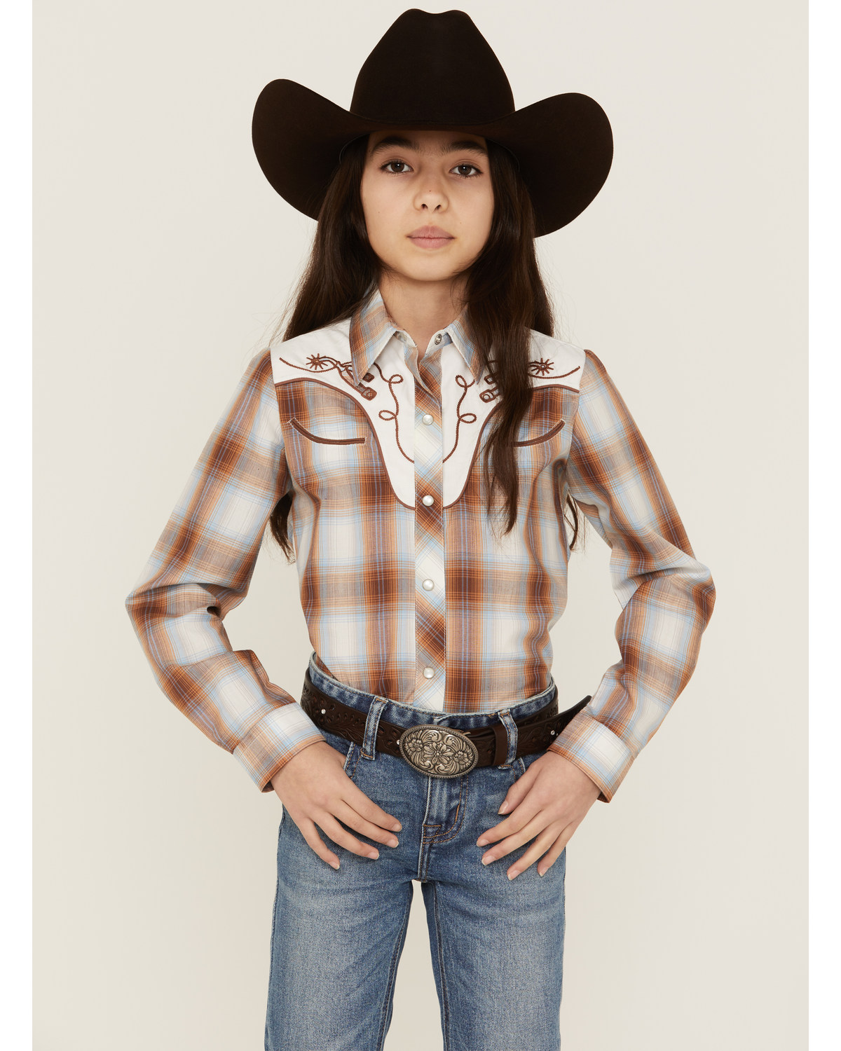 Roper Girls' Plaid Print Embroidered Long Sleeve Western Pearl Snap Shirt