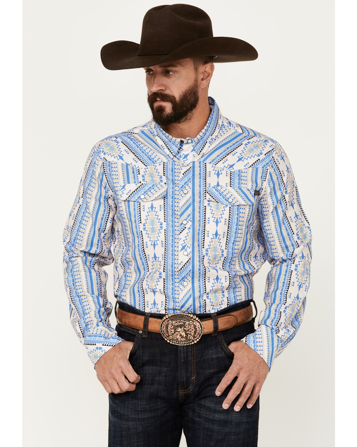 Rock & Roll Denim Men's Southwestern Print Vintage Long Sleeve Pearl Snap Performance Western Shirt