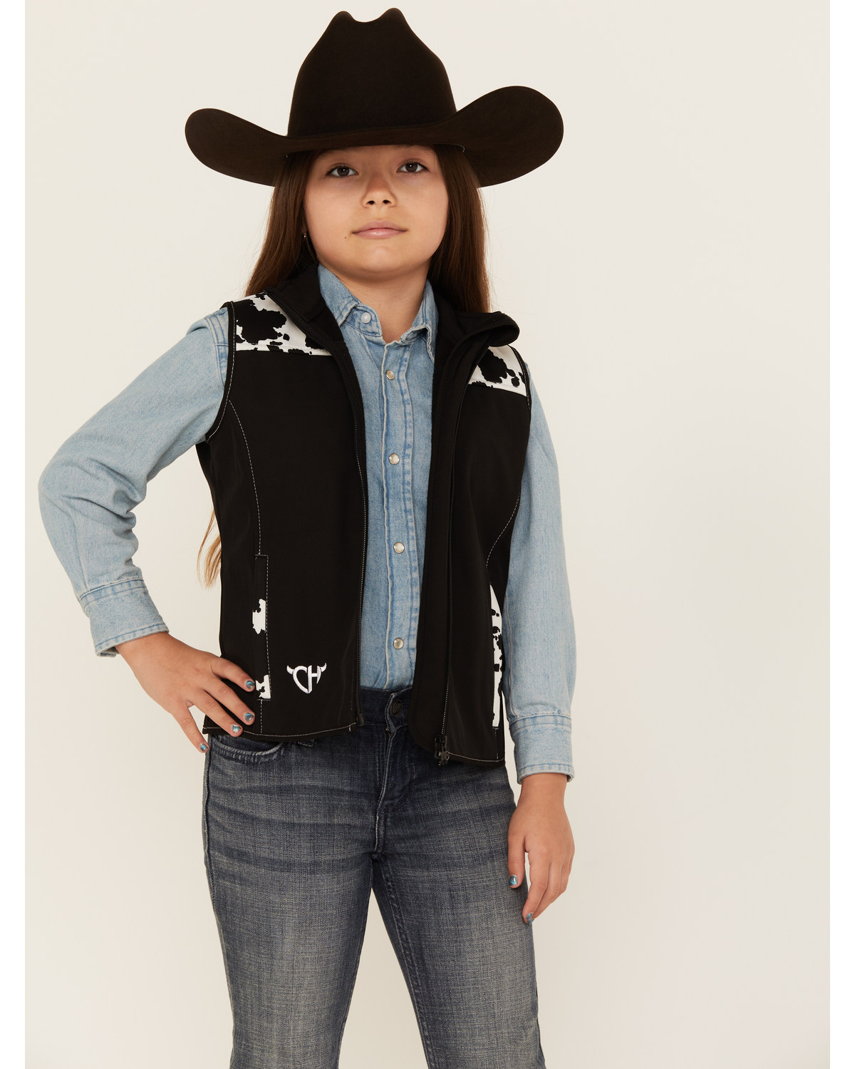 Cowgirl Hardware Girls' Cow Print Yoke Poly Shell Vest