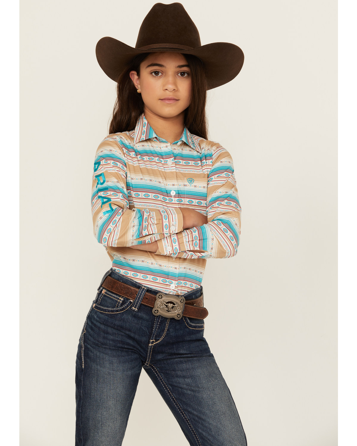 Ariat Girls' Striped Southwestern Print Long Sleeve Button-Down Western Shirt