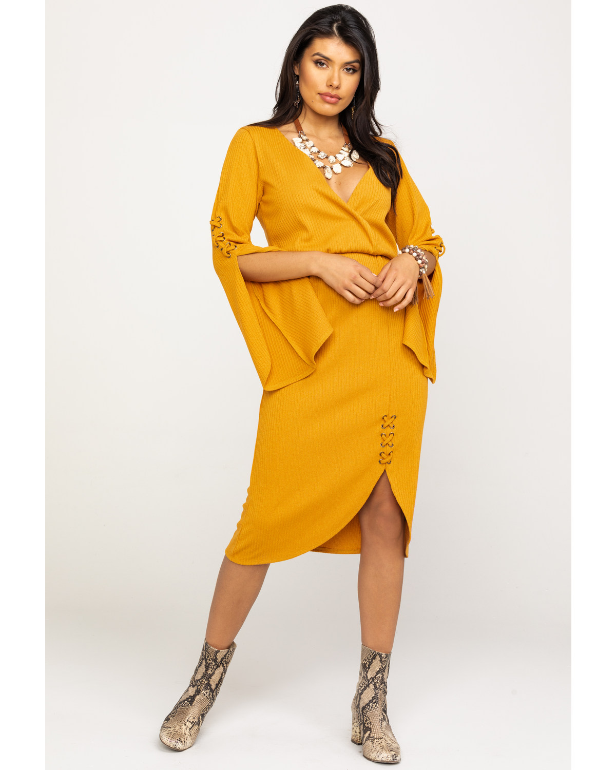 yellow bell sleeve dress