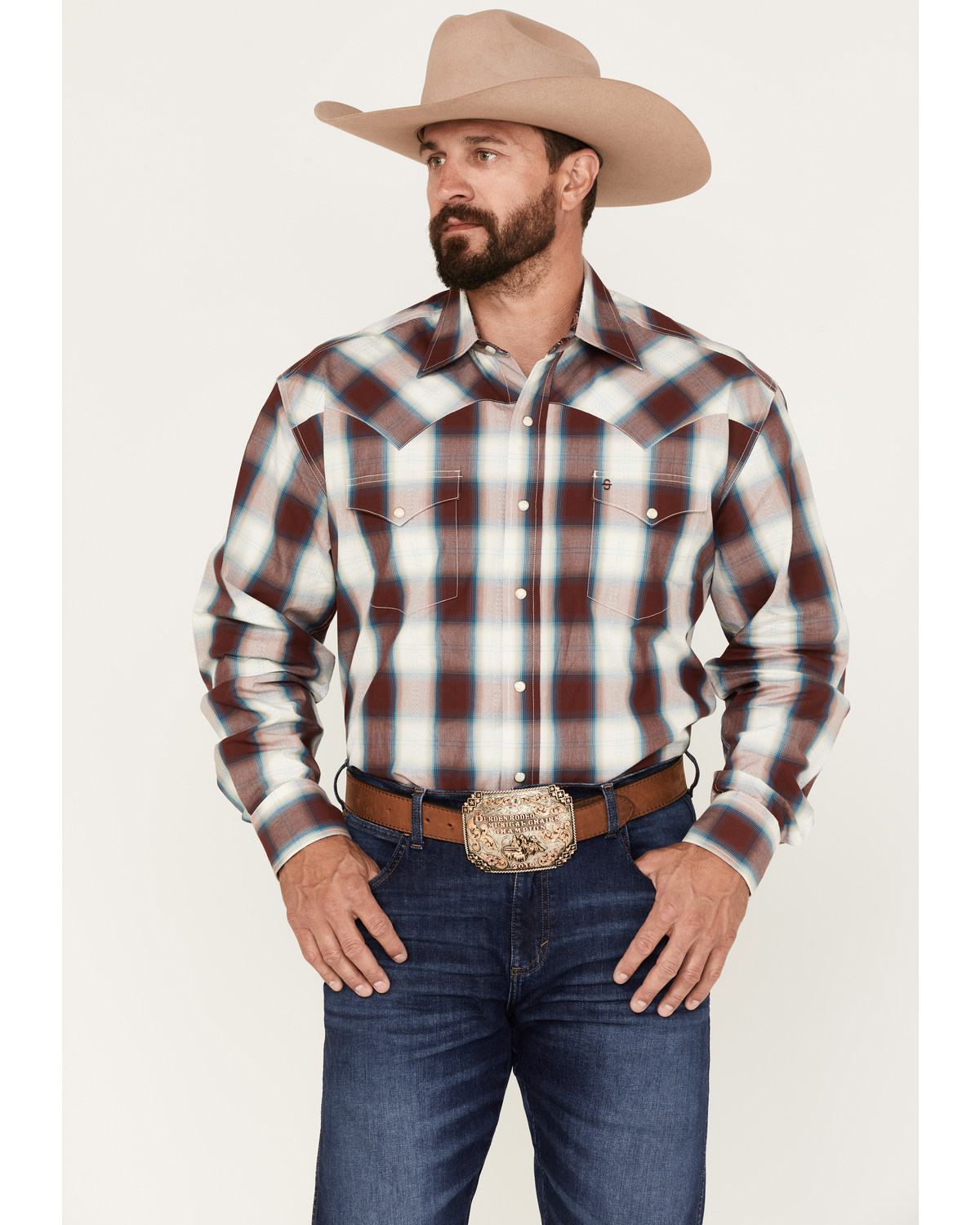 Stetson Men's Fancy Dobby Plaid Print Long Sleeve Snap Western Shirt