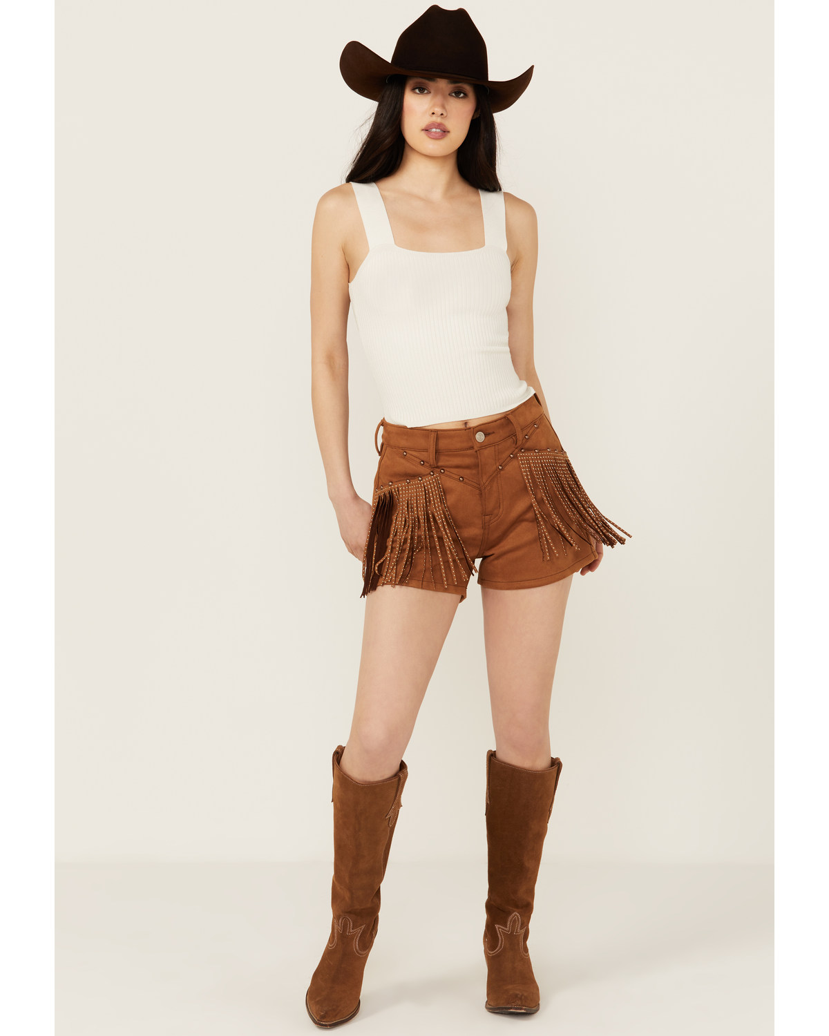 Rock & Roll Denim Women's High Rise Faux Suede Fringe Shorts