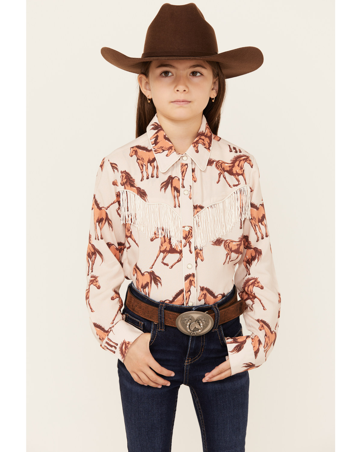 Panhandle Girls' Horse Print Fringe Long Sleeve Snap Western Shirt
