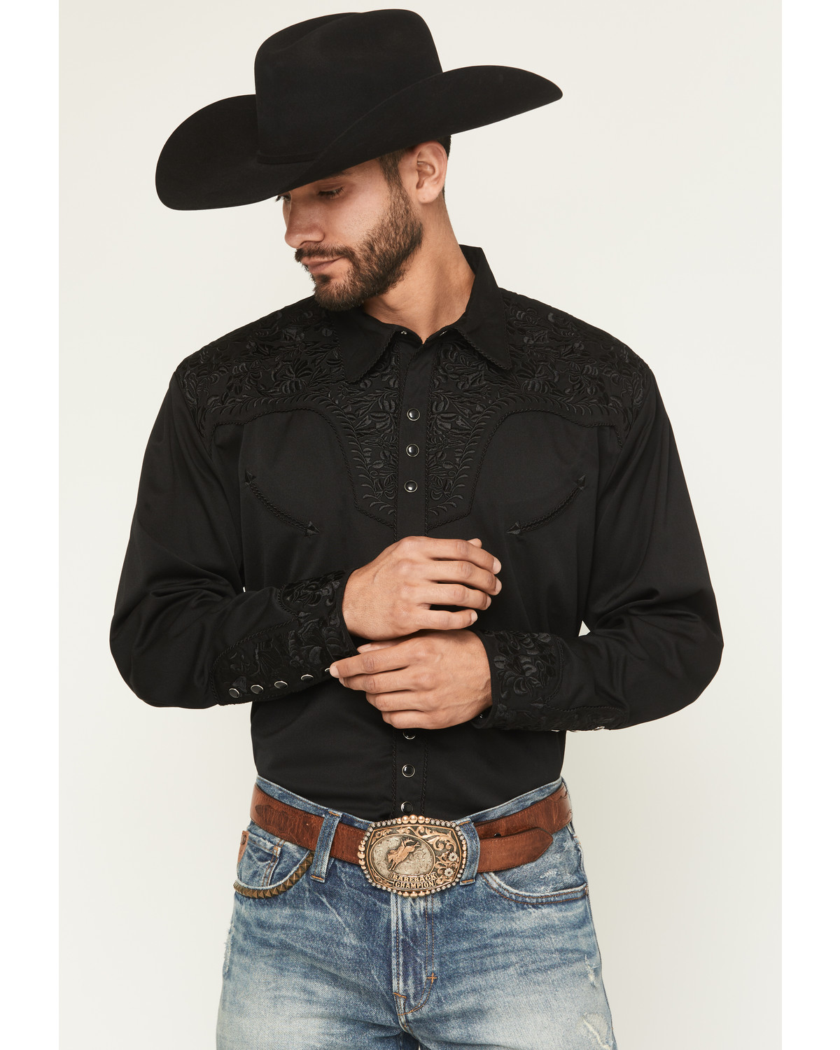 Scully Men's Floral Embroidered Retro Long Sleeve Snap Western Shirt