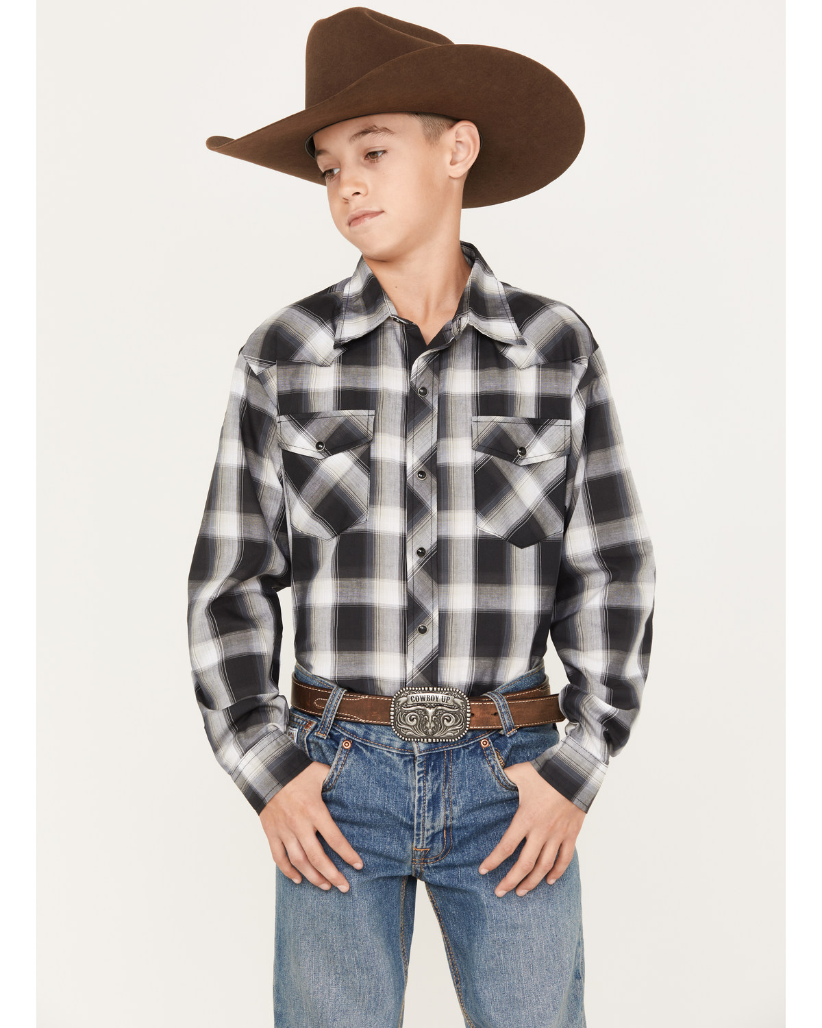 Roper Boys' Plaid Print Long Sleeve Snap Western Shirt