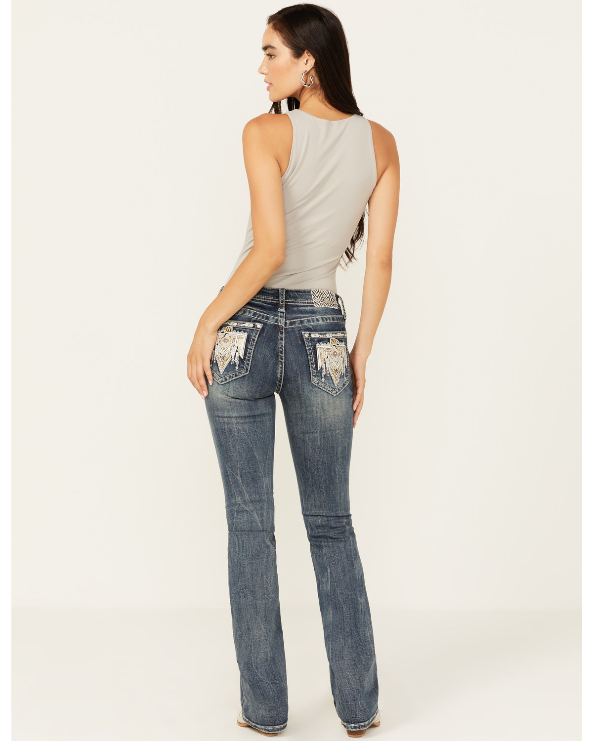 Grace LA Women's Medium Wash Mid Rise Geometric Bird Bootcut Jeans