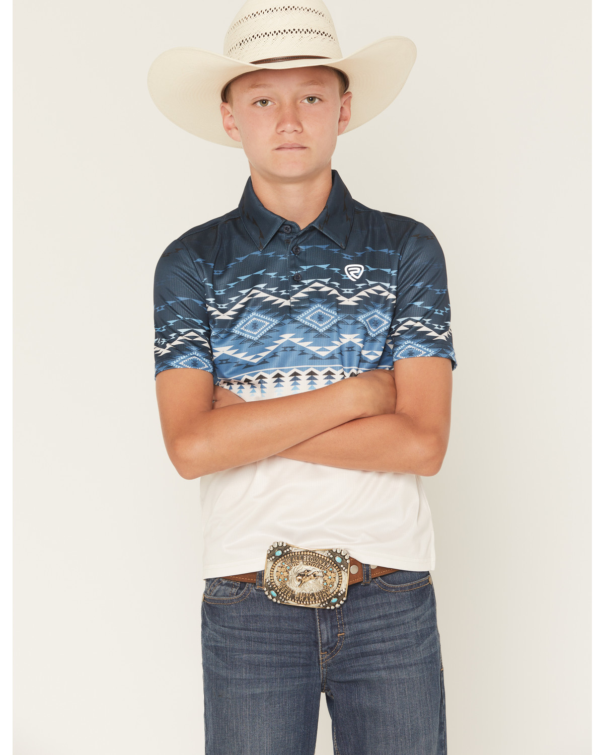 Rock & Roll Denim Boys' Border Print Short Sleeve Button-Down Polo