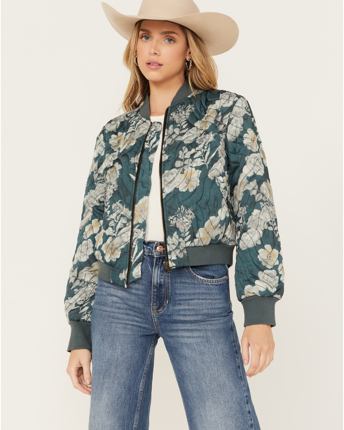 Revel Women's Floral Print Quilted Bomber Jacket