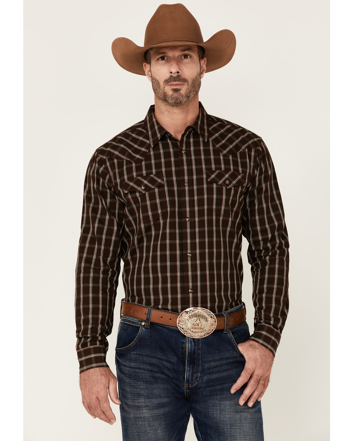 Moonshine Spirit Men's Mahogany Plaid Long Sleeve Snap Western Shirt