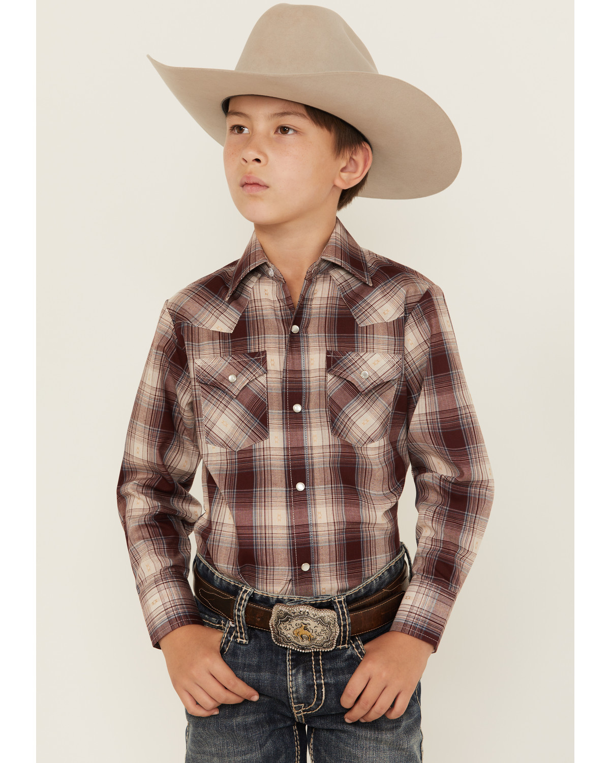 Ely Walker Boys' Plaid Print Long Sleeve Pearl Snap Western Shirt