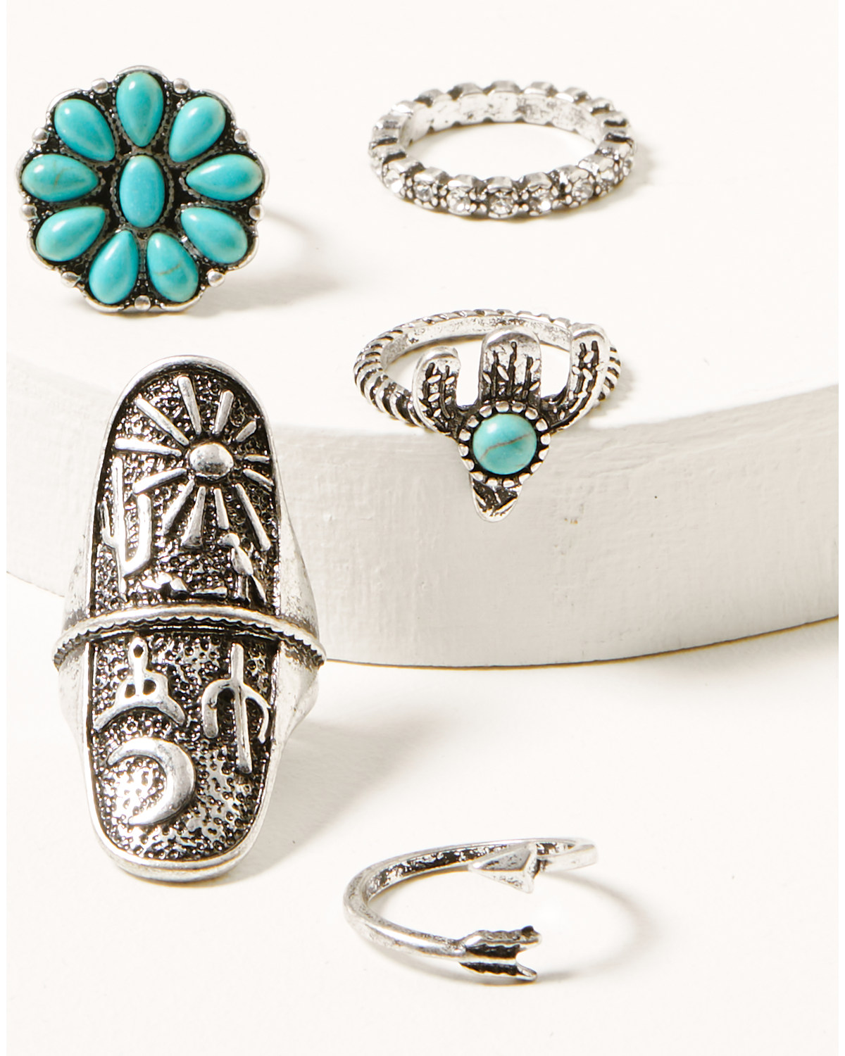 Shyanne Women's 5-piece Silver & Turquoise Floral Cactus Arrow Ring Set