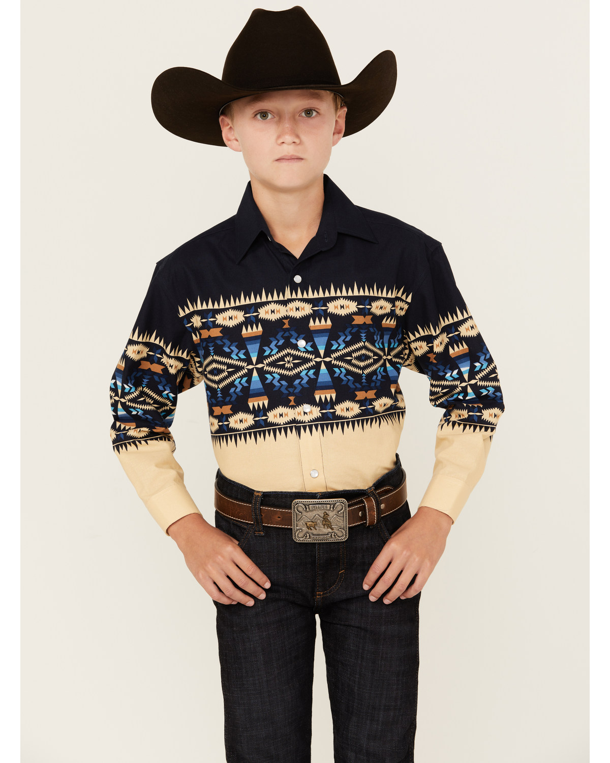 Panhandle Boys' Southwestern Border Long Sleeve Pearl Snap Western Shirt