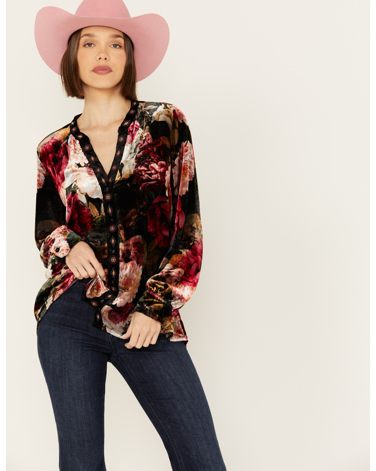 Johnny Was Women's Rose Floral Velvet Long Sleeve Shirt