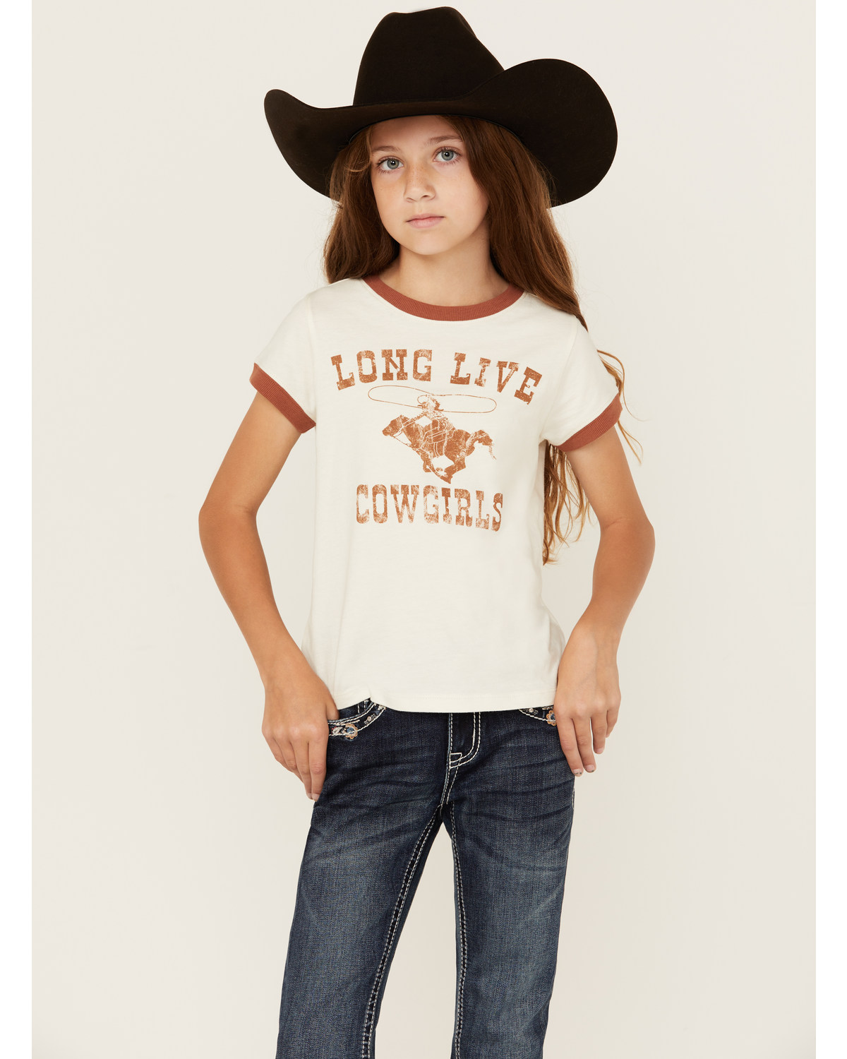 Shyanne Girls' Long Live Cowgirls Short Sleeve Graphic Ringer Tee