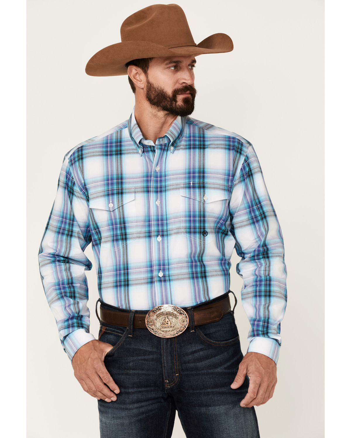 Roper Men's Clear Sky Large Plaid Print Long Sleeve Button Down Western Shirt