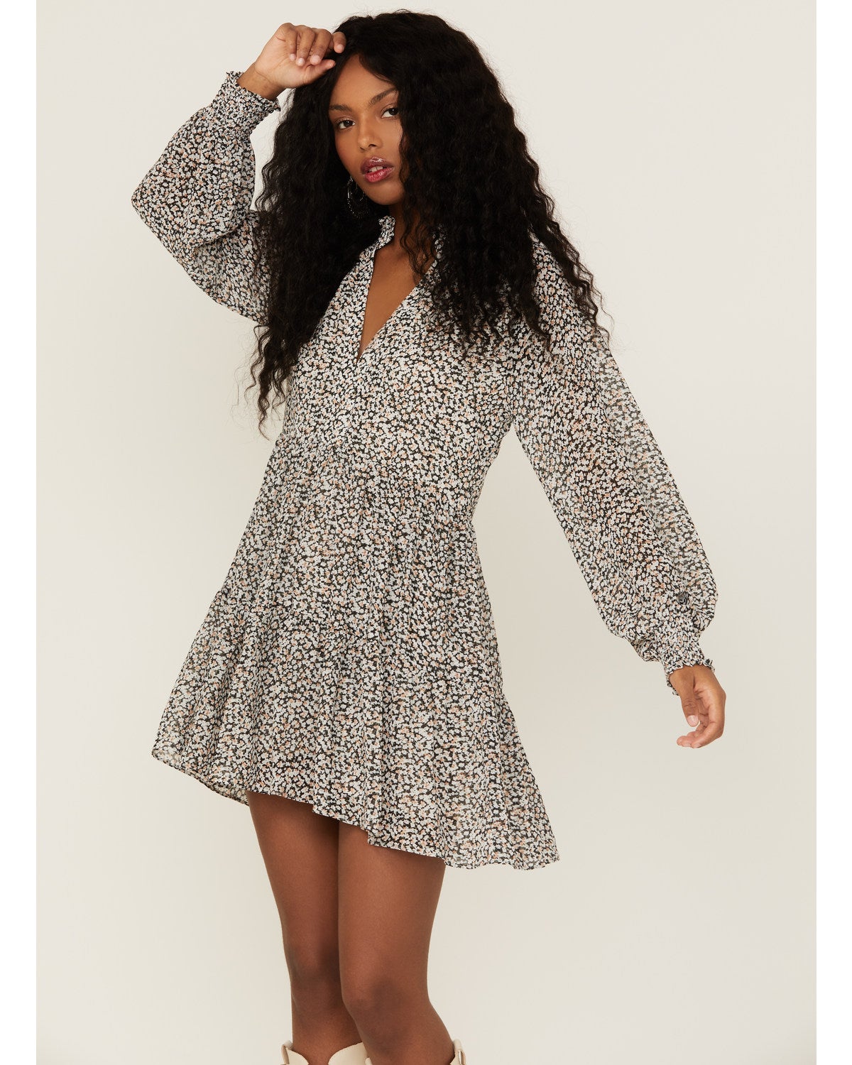 Revel Women's Long Sleeve Ditsy Floral Print Mini Dress