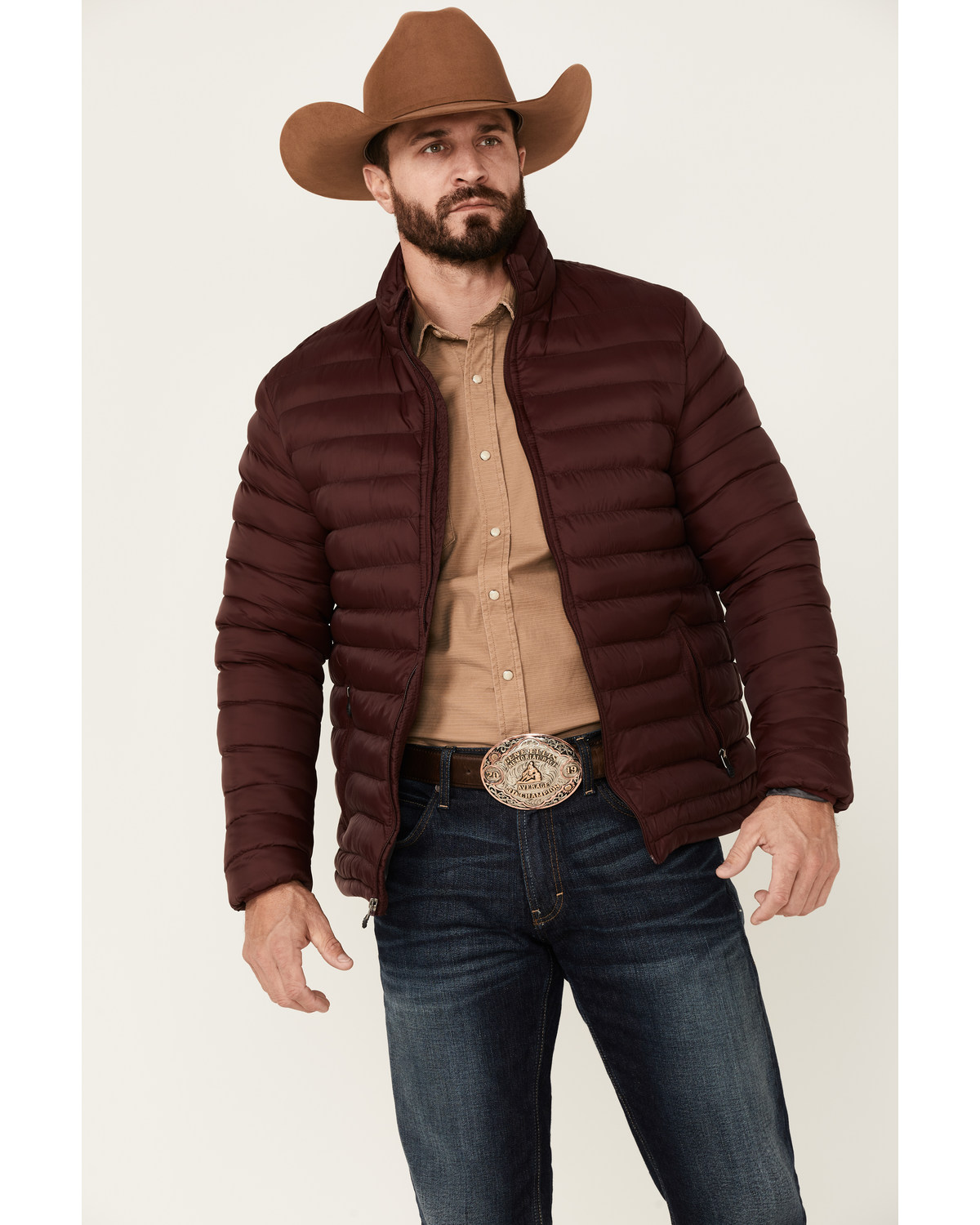 Rodeo Clothing Men's Burgundy & Gray Quilted Zip-Front Puffer Jacket