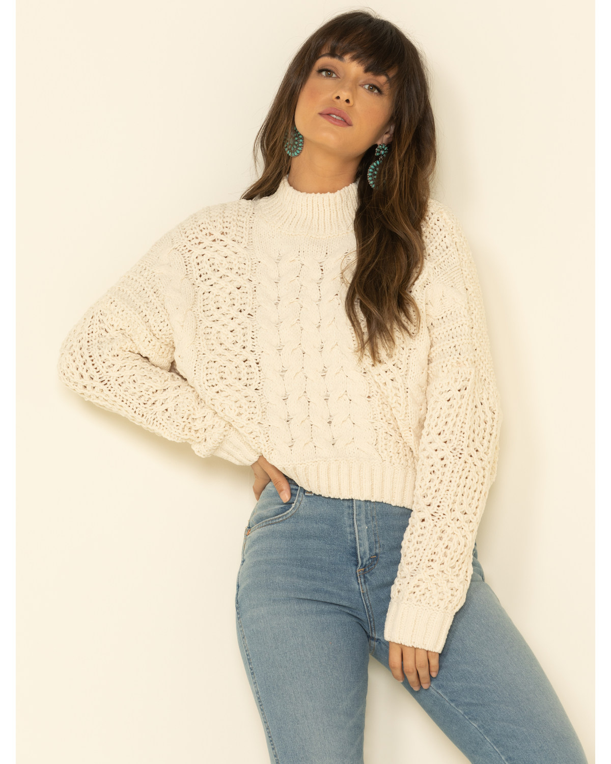 mock neck cable knit sweater