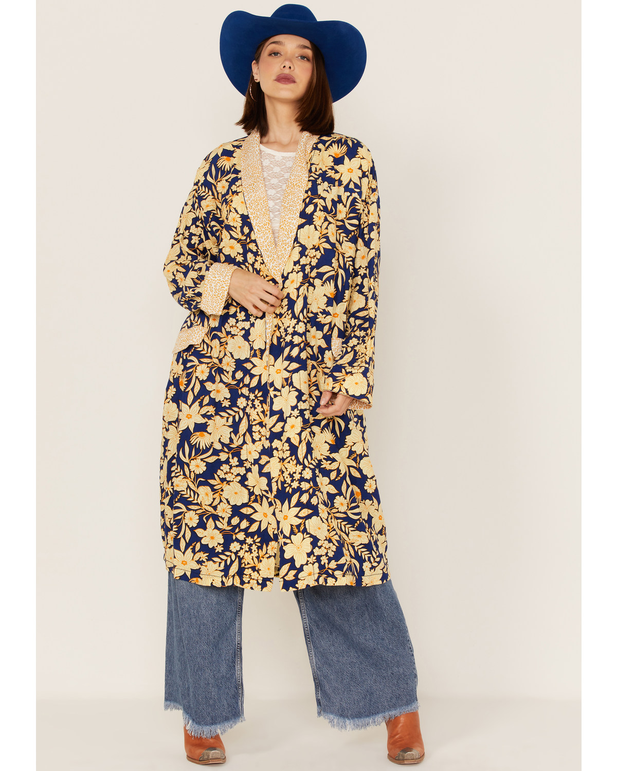 Free People Women's Wild Nights Floral Print Long Sleeve Kimono Duster