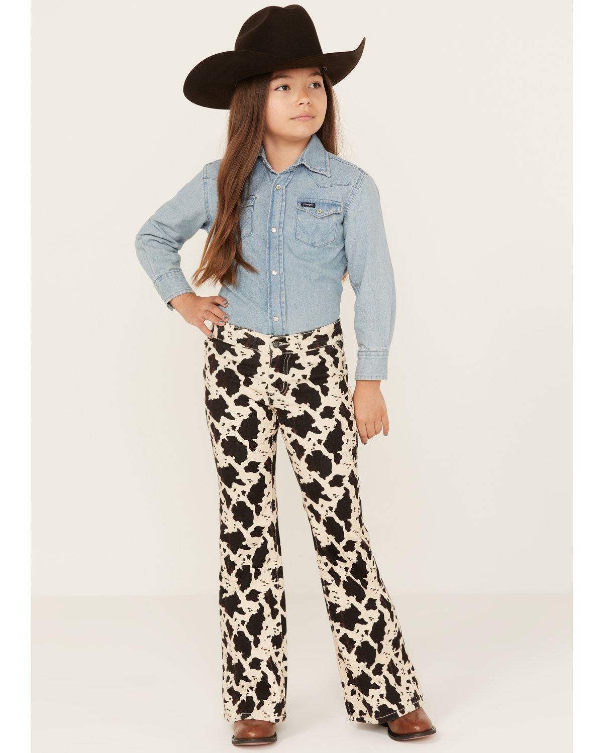 Rock & Roll Denim Girls' Cow Print Bargain Button Stretch Flare Jeans