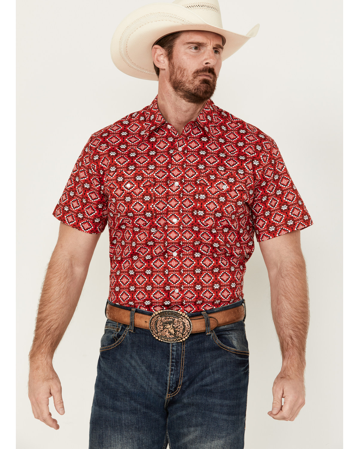 Rodeo Clothing Men's Southwestern Print Short Sleeve Pearl Snap Stretch Western Shirt