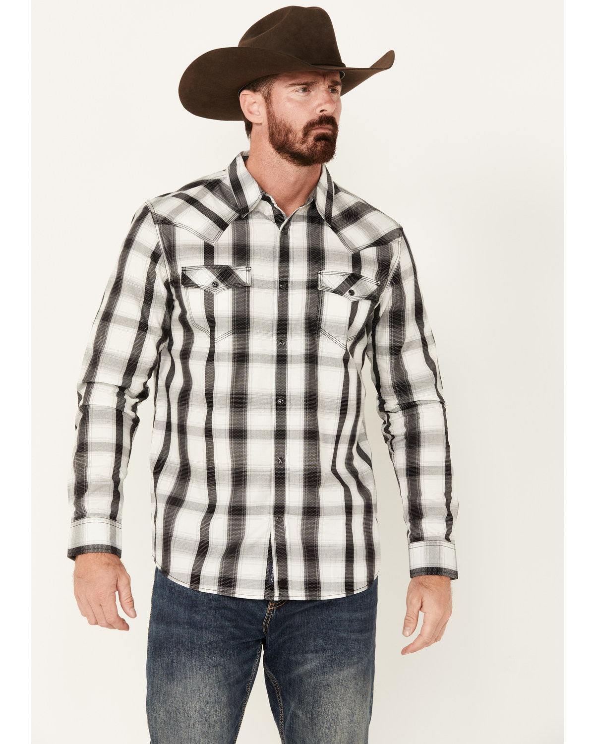 Moonshine Spirit Men's Skylark Plaid Print Long Sleeve Pearl Snap Western Shirt