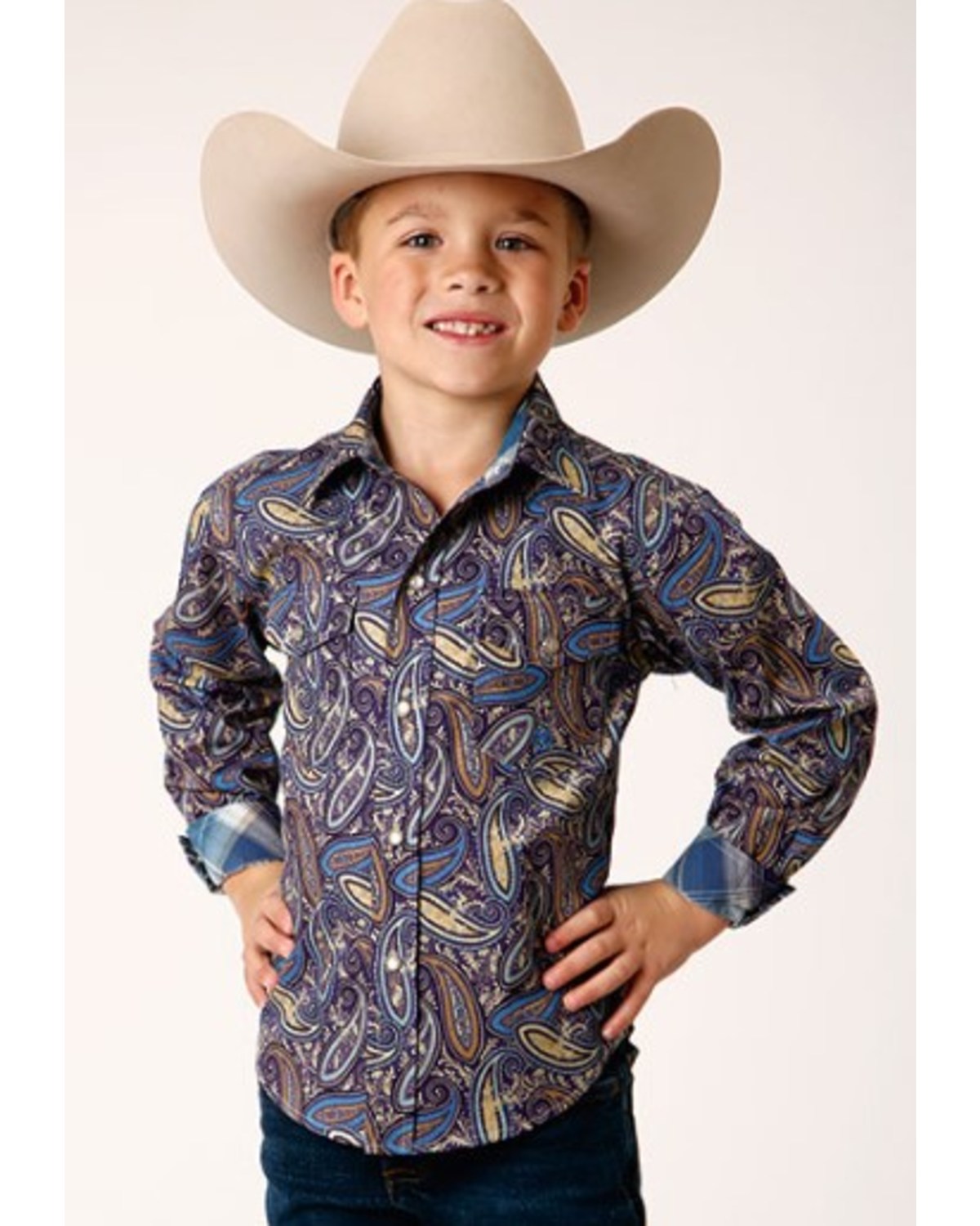 Roper Boys' Amarillo Paisley Print Long Sleeve Pearl Snap Western Shirt