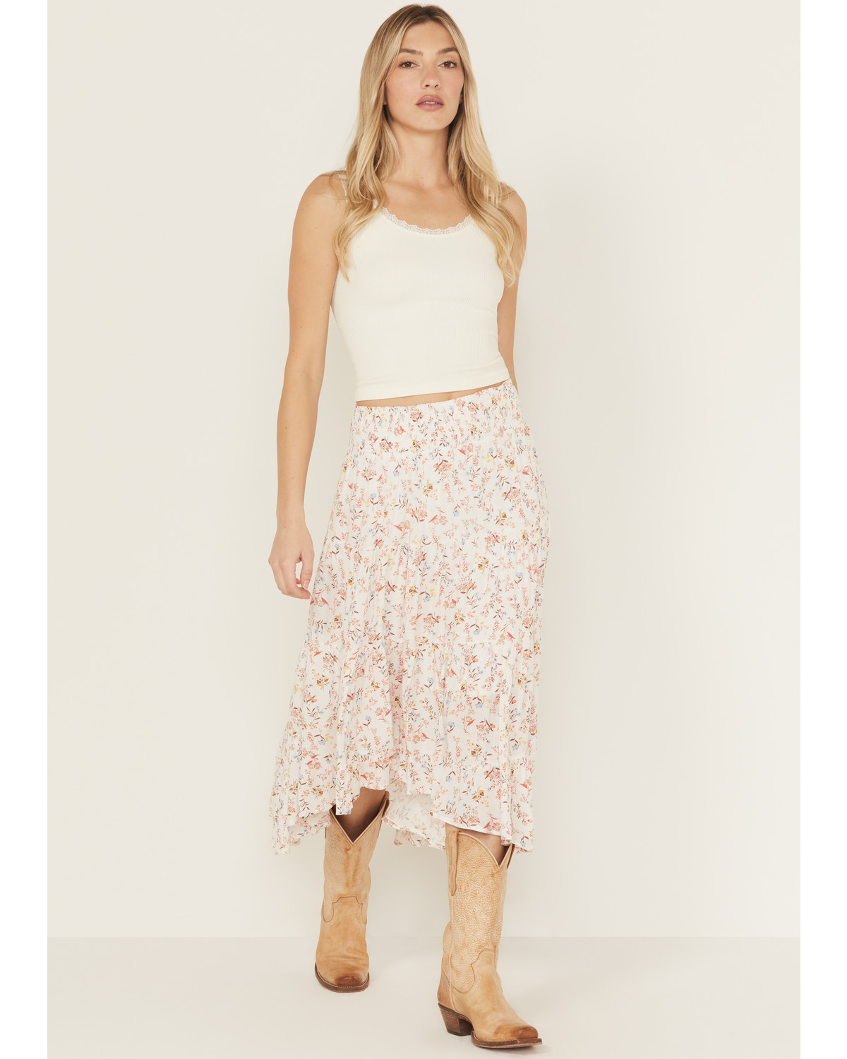 Wild Moss Women's Floral Print High-Low Midi Skirt