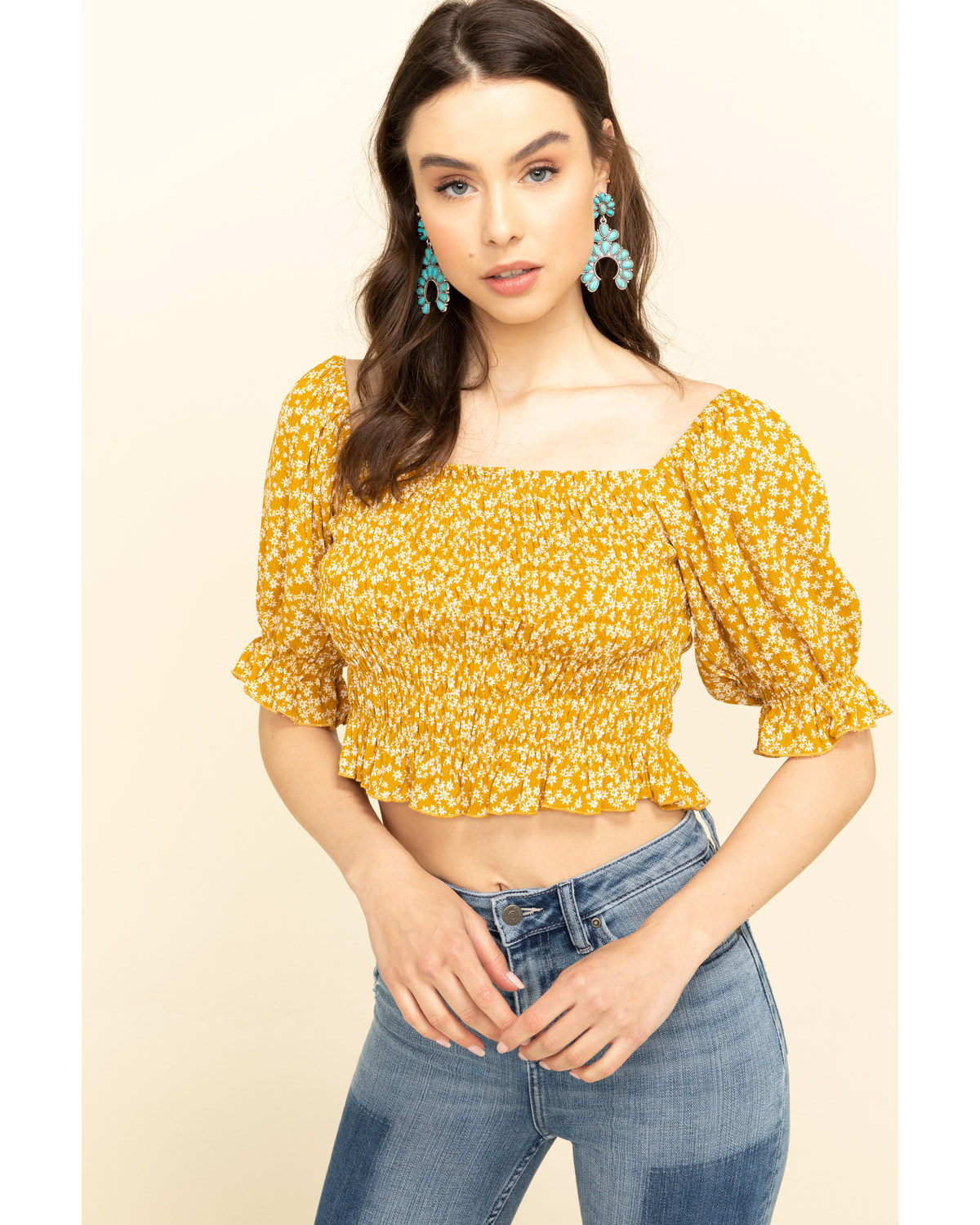 Loveriche Women's Floral Print Smocked Crop Top