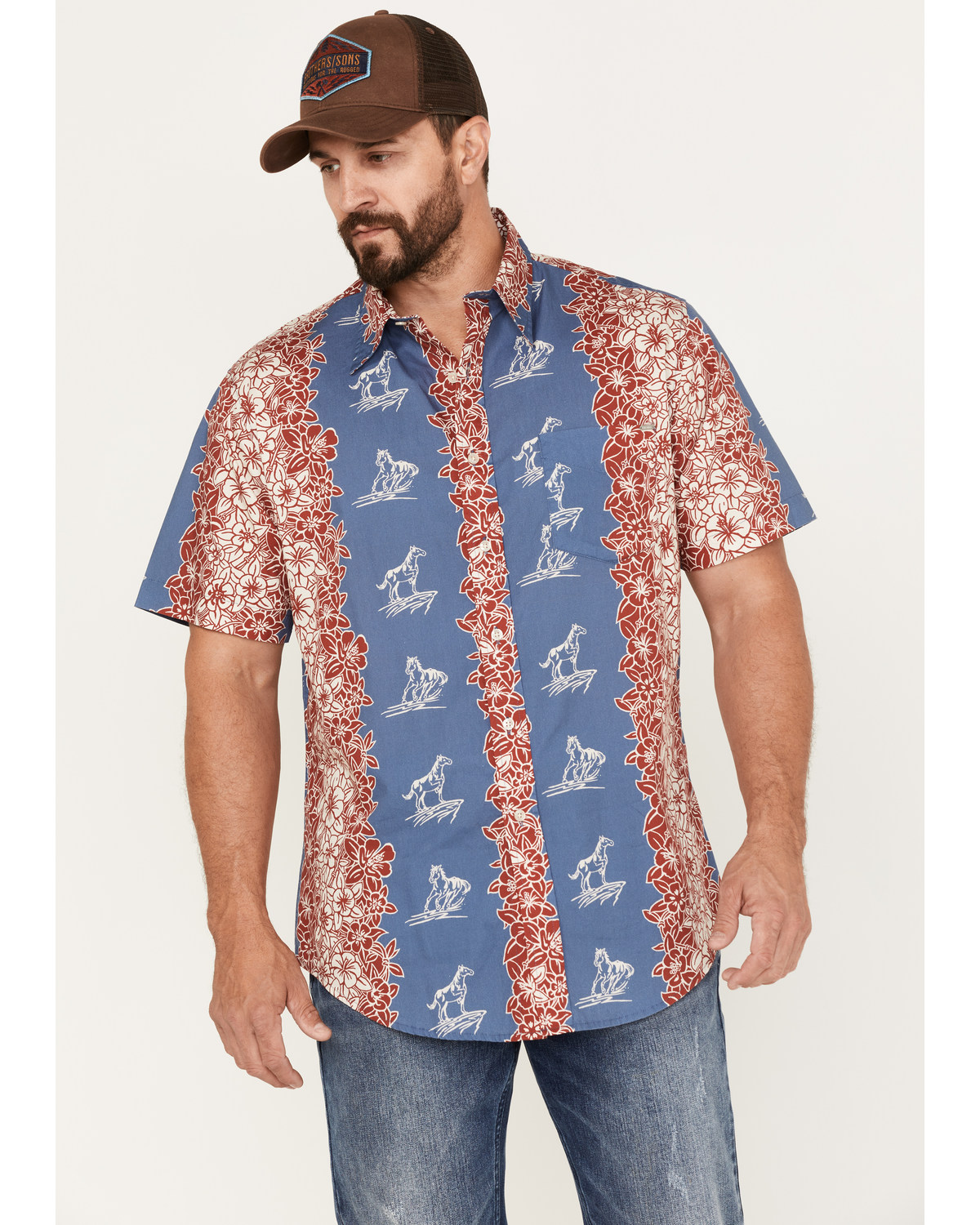 Tin Haul Men's Paniolo Tropical Horse Print Short Sleeve Western Shirt