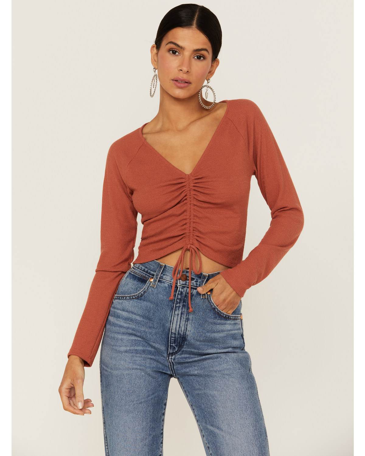 Lush Women's Brick Long Sleeve Cinch Front Knit Top