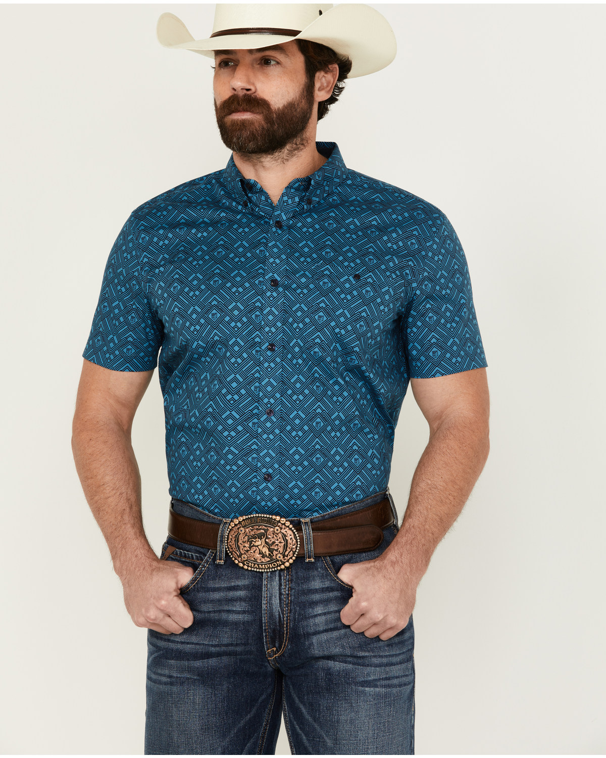 RANK 45® Men's Interlock Plains Abstract Geo Print Short Sleeve Button-Down Stretch Western Shirt