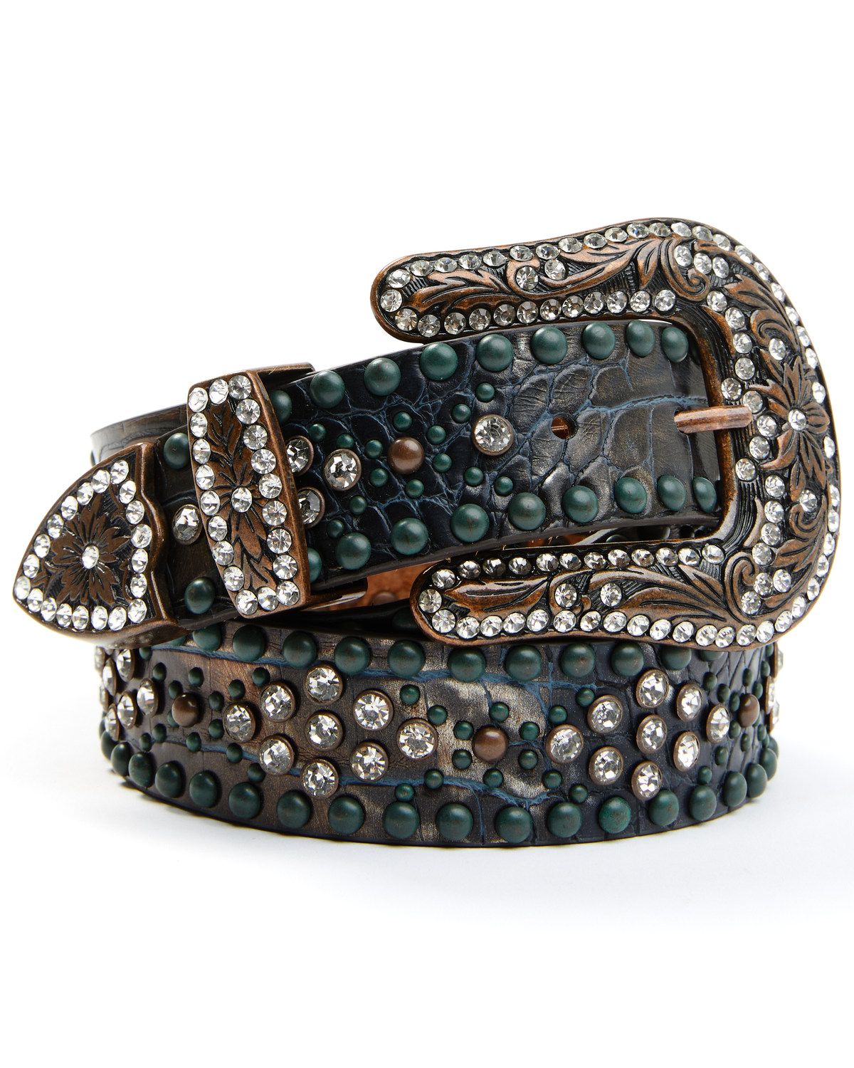 Shyanne Women's Copper Distressed Croc Turquoise & Rhinestone Bling Belt