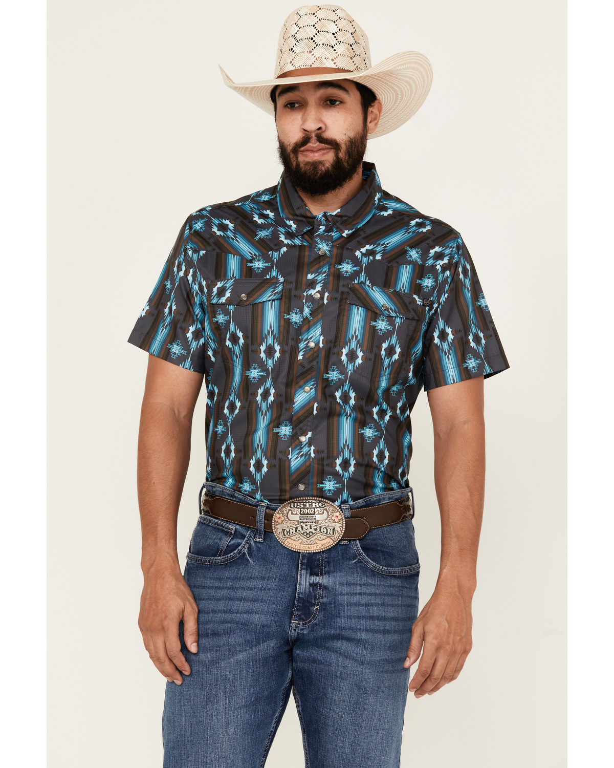 Rock & Roll Denim Men's Southwestern Print Short Sleeve Pearl Snap Western Shirt