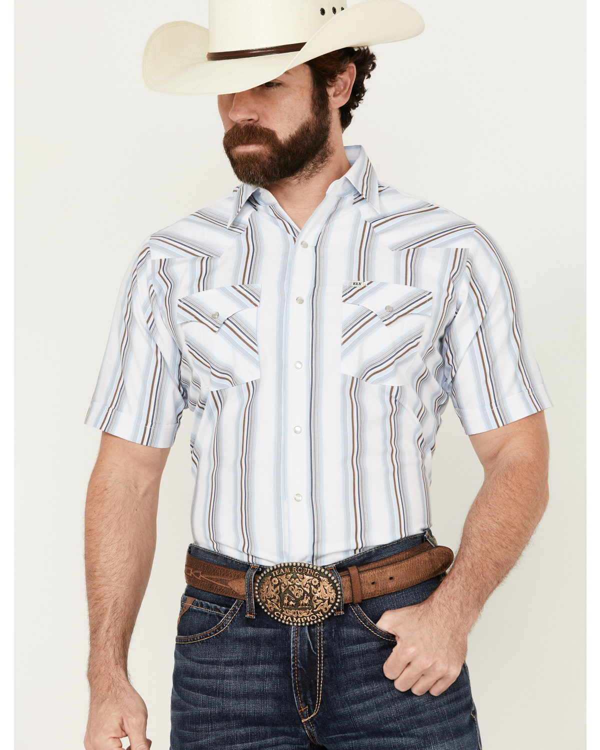 Ely Walker Men's Striped Print Short Sleeve Snap Western Shirt