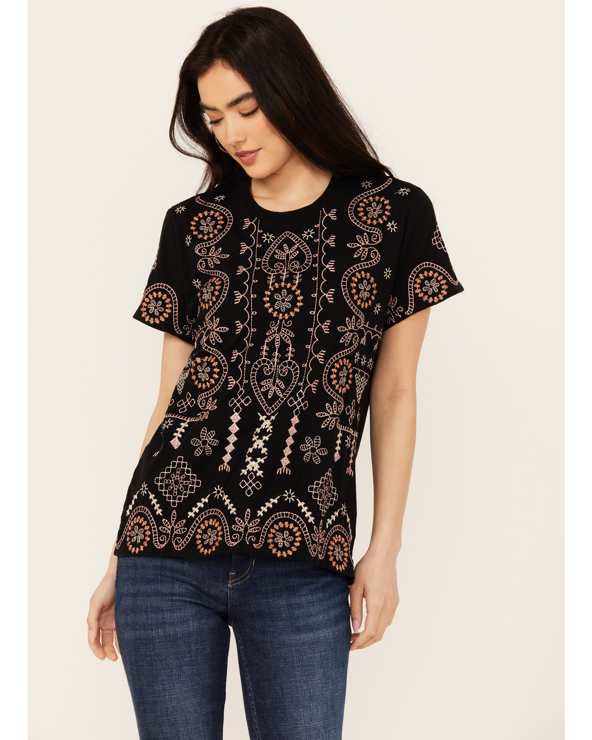 Johnny Was Women's Geo Print Embroidered Short Sleeve Tee