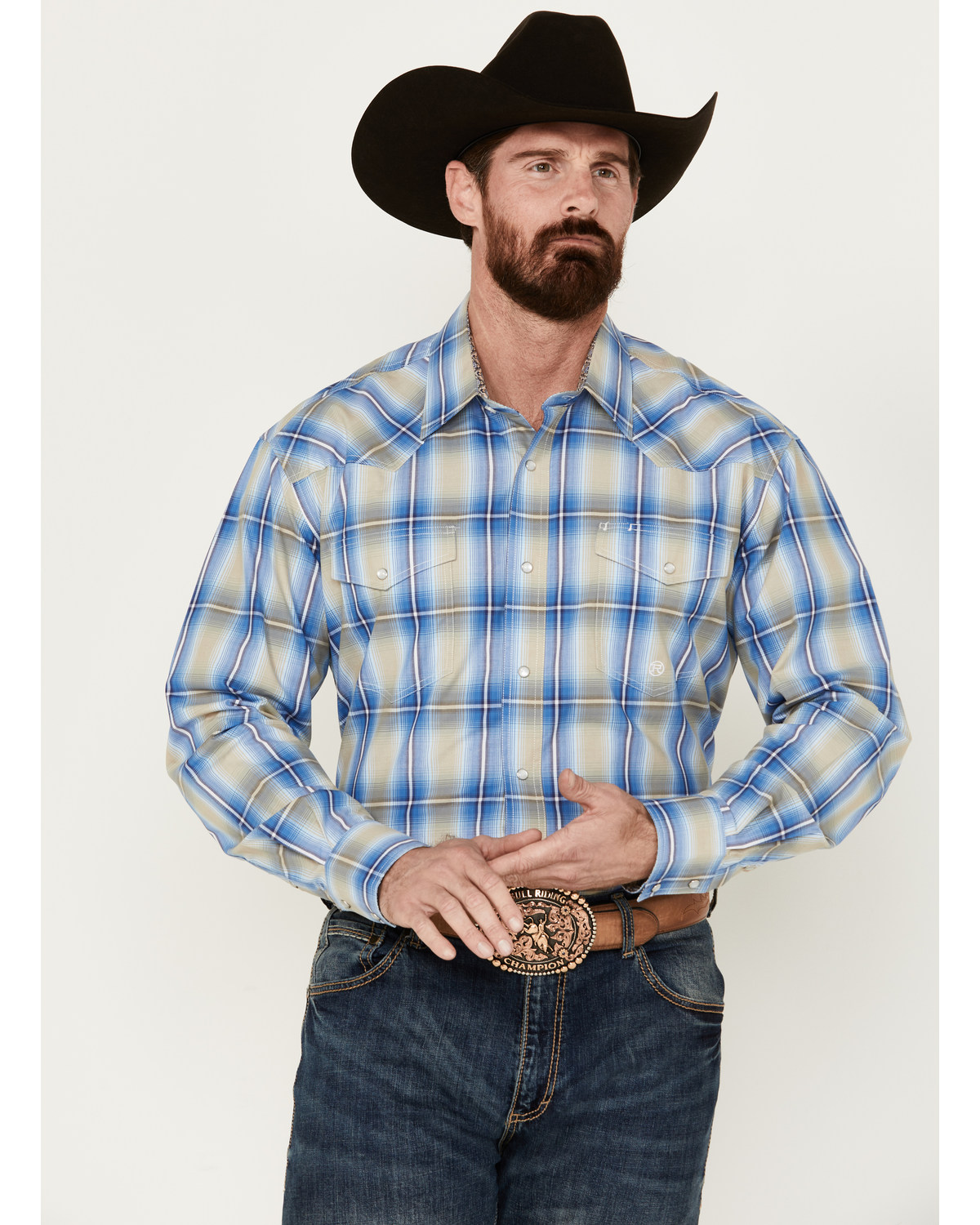 Roper Men's Amarillo Large Plaid Print Long Sleeve Pearl Snap Western Shirt