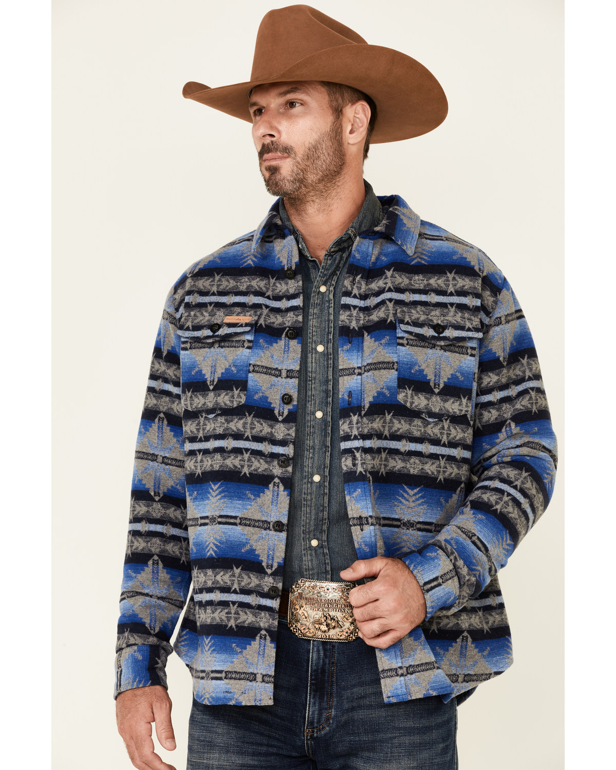 Powder River Outfitters Men's Blue Southwestern Print Button-Front Wool Shirt Jacket
