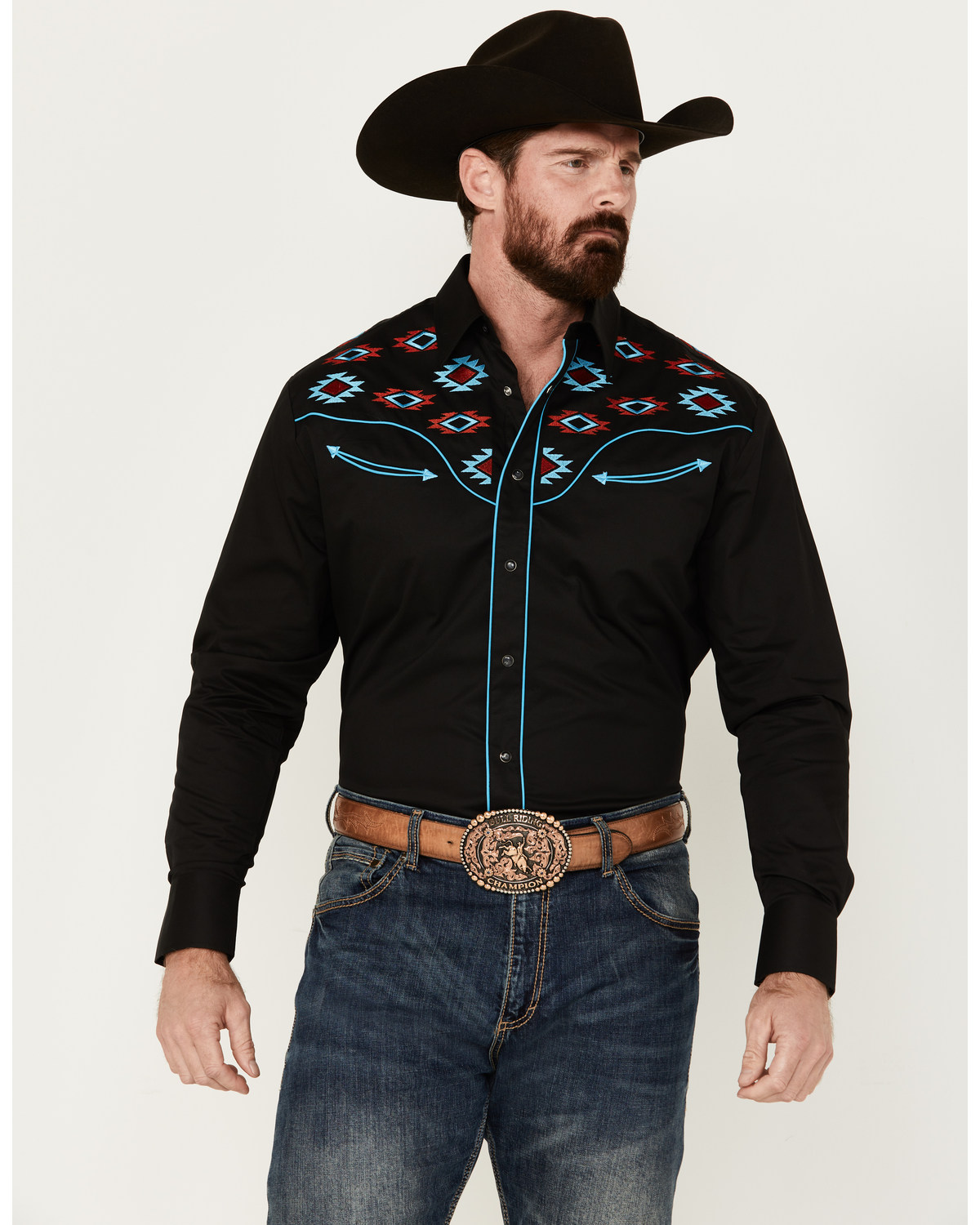 Rodeo Clothing Men's Fancy Smiley Yoke Embroidered Long Sleeve Snap Western Shirt