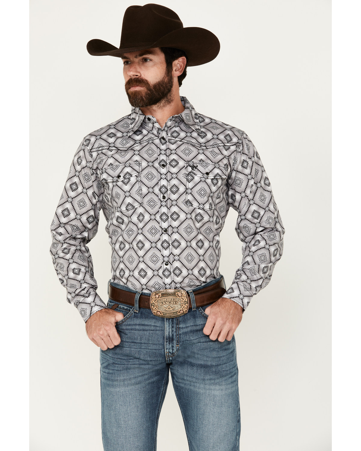Cowboy Hardware Men's Diamond Southwestern Print Long Sleeve Snap Western Shirt