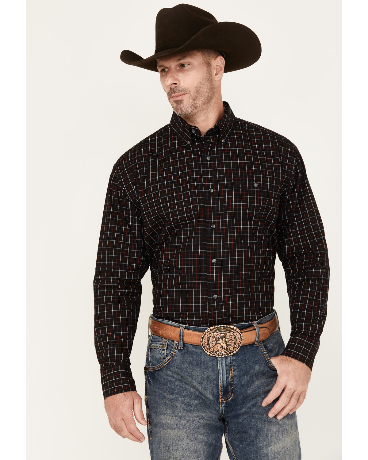 George Strait by Wrangler Men's Windowpane Plaid Long Sleeve Button Down Western Shirt